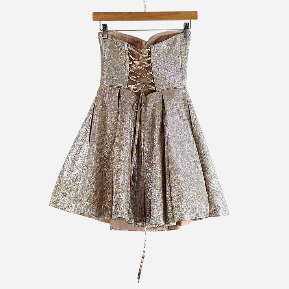 Sherri Hill Strapless Metallic Corset Fit & Flare Dress Silver Shimmer Size 4 - Picture 2 of 5